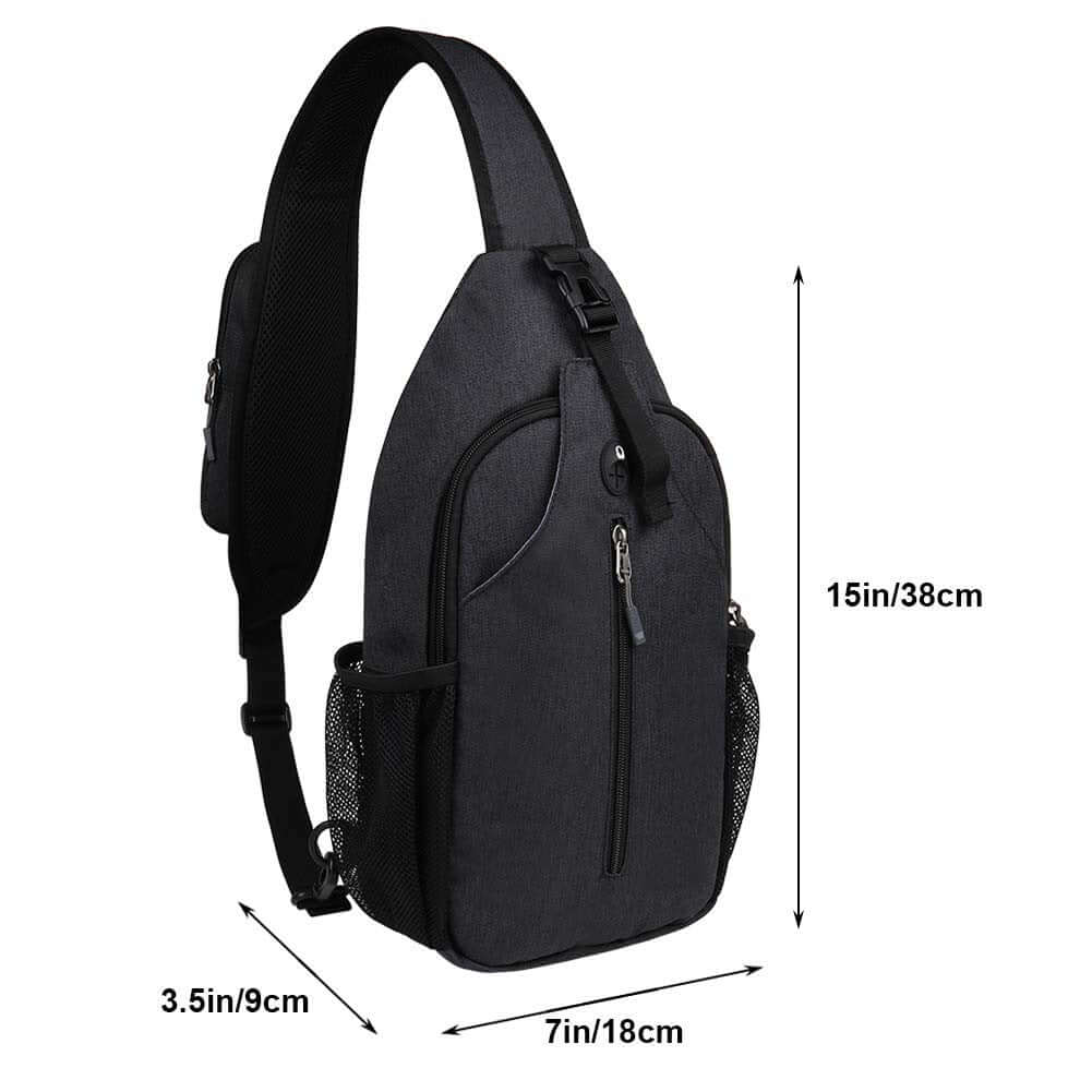 Black Outdoor Crossbody Shoulder Bag with dimensions, durable nylon material, ideal for any outdoor excursion