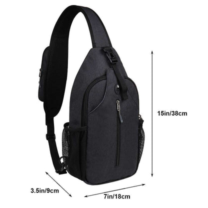 Black Outdoor Crossbody Shoulder Bag with dimensions, durable nylon material, ideal for any outdoor excursion