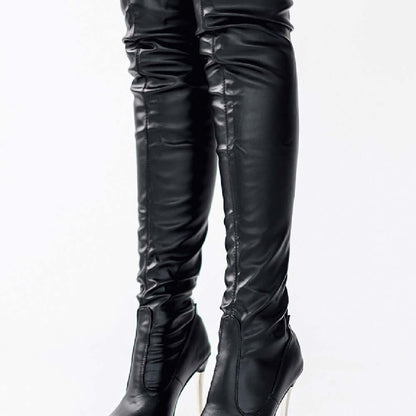Black faux leather over the knee high heels boots for women, available in sizes 36-43, featuring a sleek design and tip toe bracket shape.