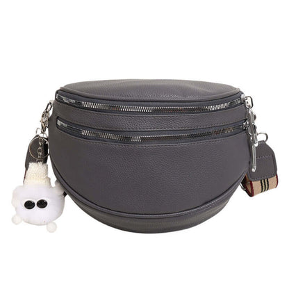 Gray Ladies Chest Bag with Slit Pocket and Plush Keychain, Features High-Quality PU Material and Urban Simplicity Design for Women.