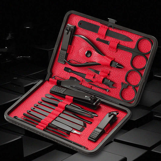 18-piece Nail Trimming Set in black-red, featuring stainless steel tools in a stylish case for personalized grooming.