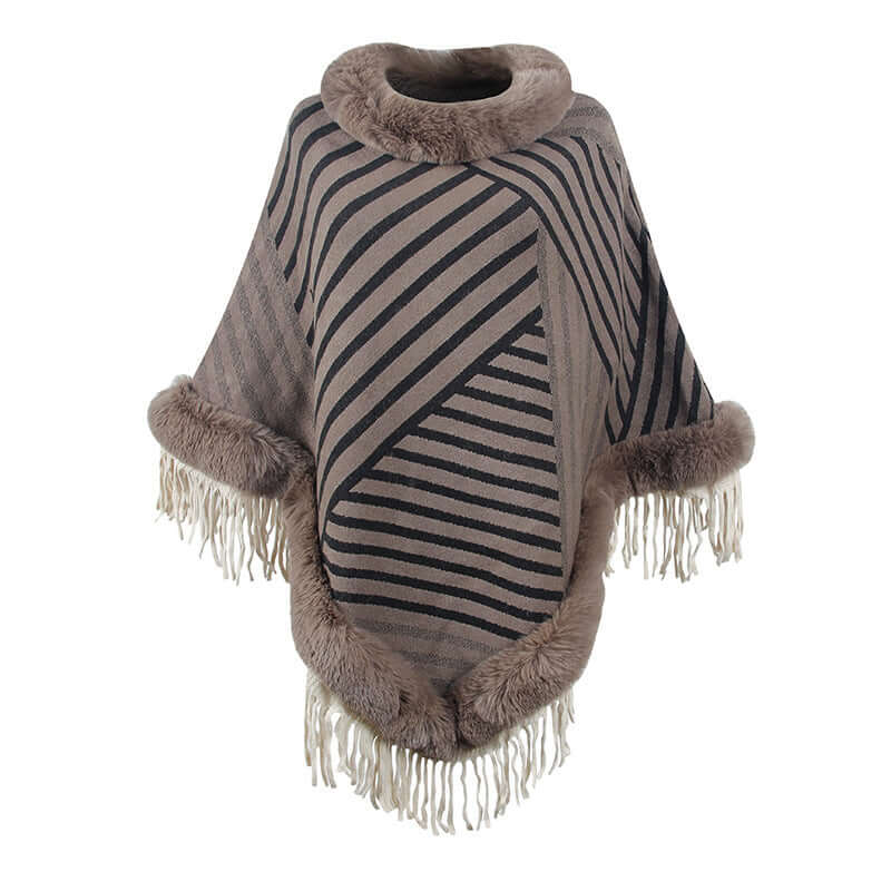 Luxurious Poncho Coat with Fur Trim featuring stylish stripes and fringe, ideal for cozy fall fashion.