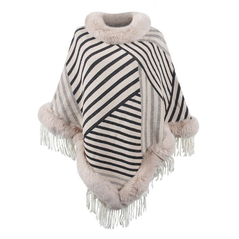 Stylish Poncho Coat with Fur trim featuring a striped design and tassels, perfect for cozy elegance.