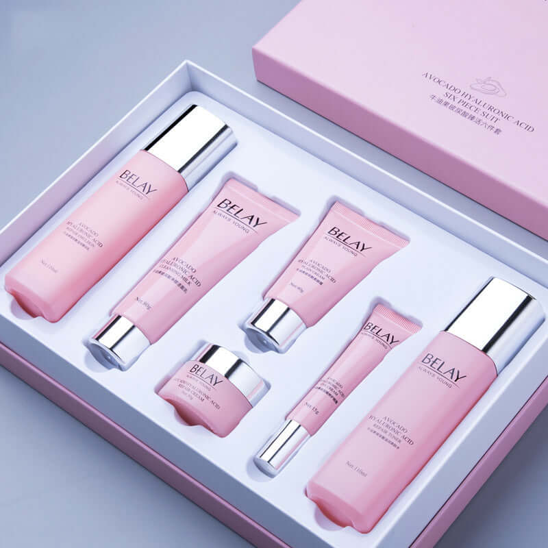 Luxury Skin Care Creams set with moisturizing and brightening products including avocado and pomegranate hyaluronic acid formulas.