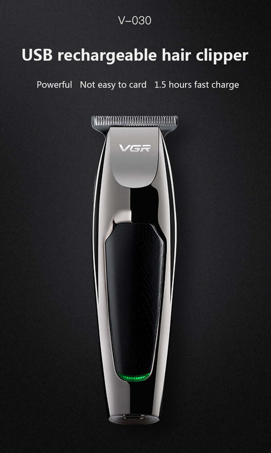 Professional Hair Clipper with USB rechargeable design, sleek VGR model V-030, suitable for precision trimming and fast charging.