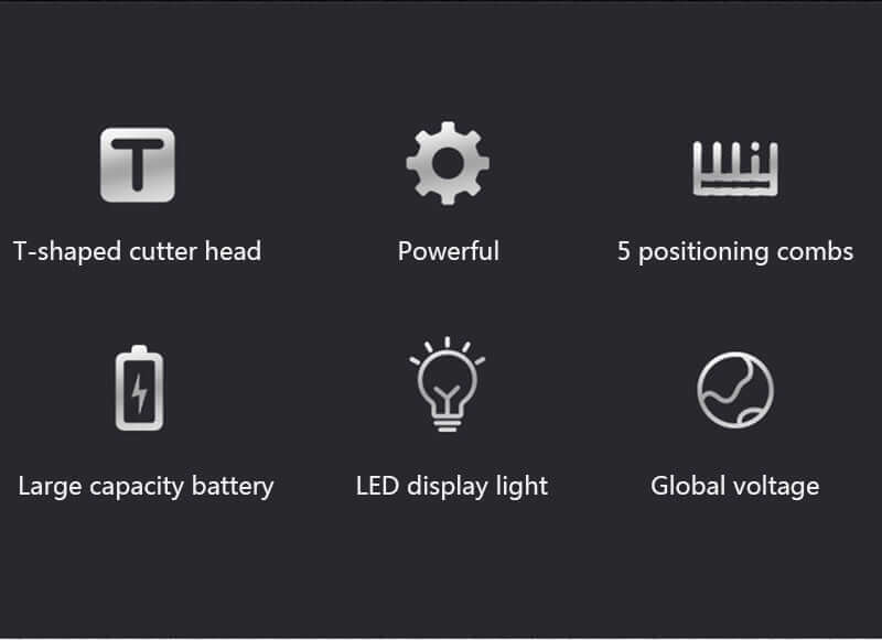 Features of Professional Hair Clipper: T-shaped cutter head, powerful motor, 5 combs, large battery, LED display, global voltage.