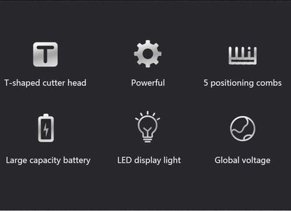 Features of Professional Hair Clipper: T-shaped cutter head, powerful motor, 5 combs, large battery, LED display, global voltage.