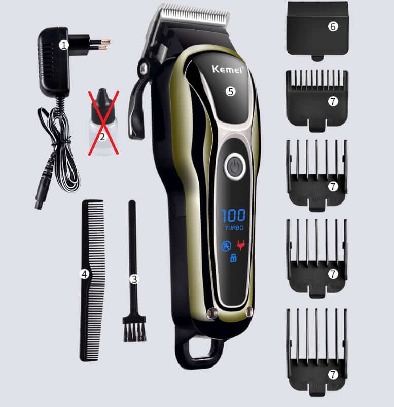 Professional Hair Cut Trimmer with accessories including charger, combs, and cleaning brush, ideal for grooming and travel.