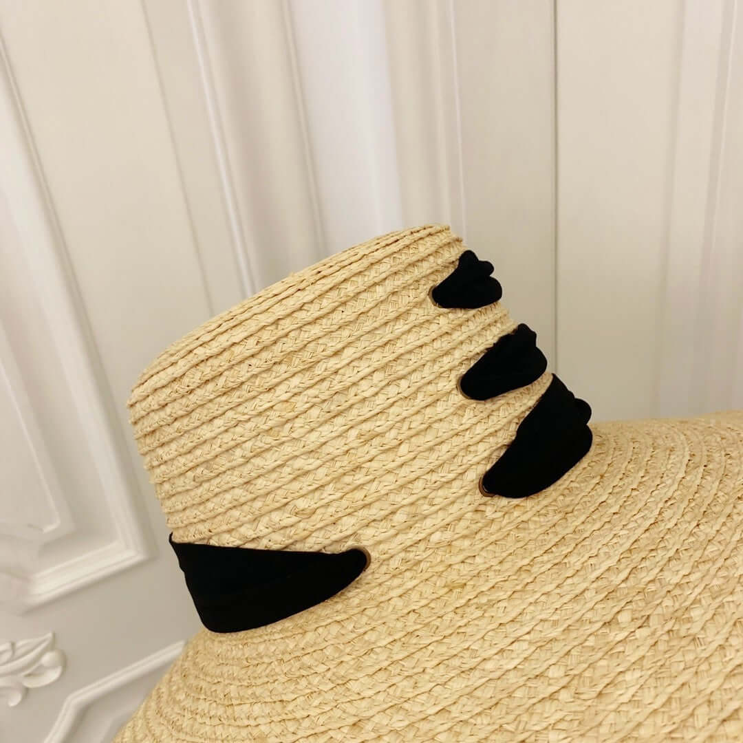 Stylish close-up of a Raffia Big Brim Hat featuring elegant black accents for summer fashion.
