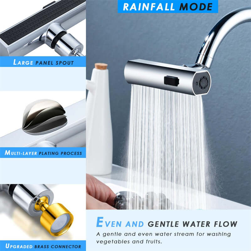 Waterfall Kitchen Faucet features: rainfall mode, even water flow, multi-layer plating, and upgraded brass connector.