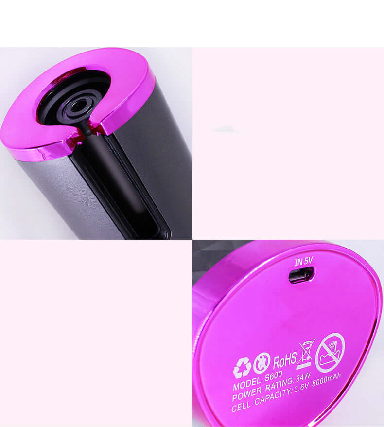 Close-up of a pink and black Hair Curler Automatic showcasing its sleek and portable design with power specifications.