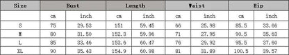 Size chart for Rhinestone Slit Dress showing bust, length, waist, and hip measurements in cm and inches for sizes S to XL.