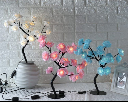 Elegant Rose Small Tree Lamp featuring vibrant rose-shaped lights in white, pink, and blue, enhancing home decor and ambiance.