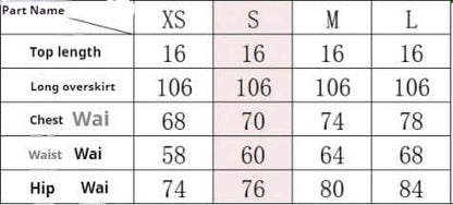 Size chart for Sequin Bra and Skirt Set in XS, S, M, L. Top: 16cm; Overskirt: 106cm; Chest: 68-78cm; Waist: 58-68cm; Hip: 74-84cm.