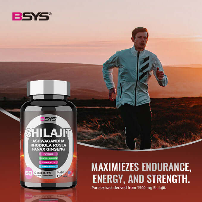 BSYS Shilajit Ashwagandha gummies bottle with athlete running outdoors for energy and endurance.