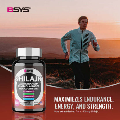 BSYS Shilajit Ashwagandha gummies bottle with athlete running outdoors for energy and endurance.
