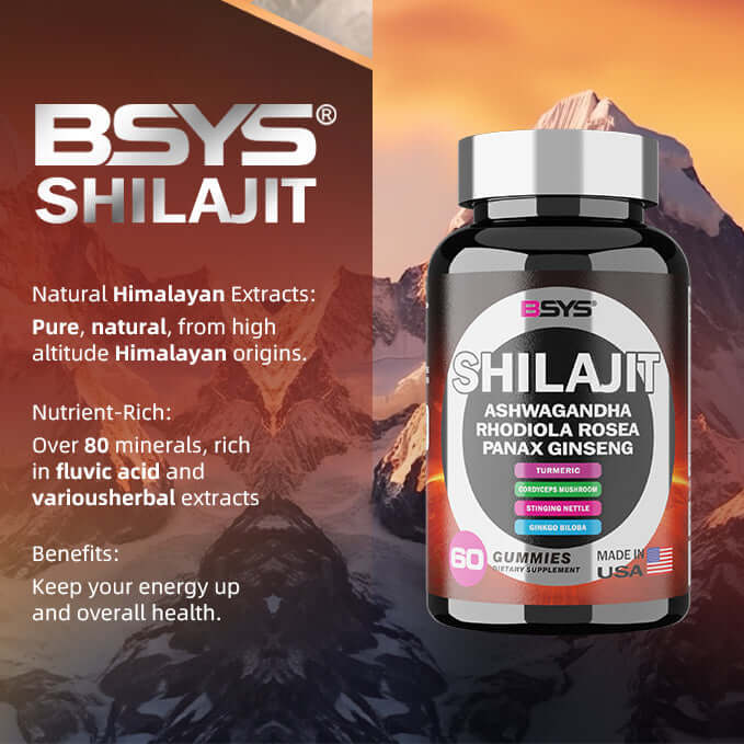 BSYS Shilajit Ashwagandha Gummies bottle with Himalayan background, nutrient-rich for energy and wellness.