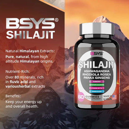 BSYS Shilajit Ashwagandha Gummies bottle with Himalayan background, nutrient-rich for energy and wellness.