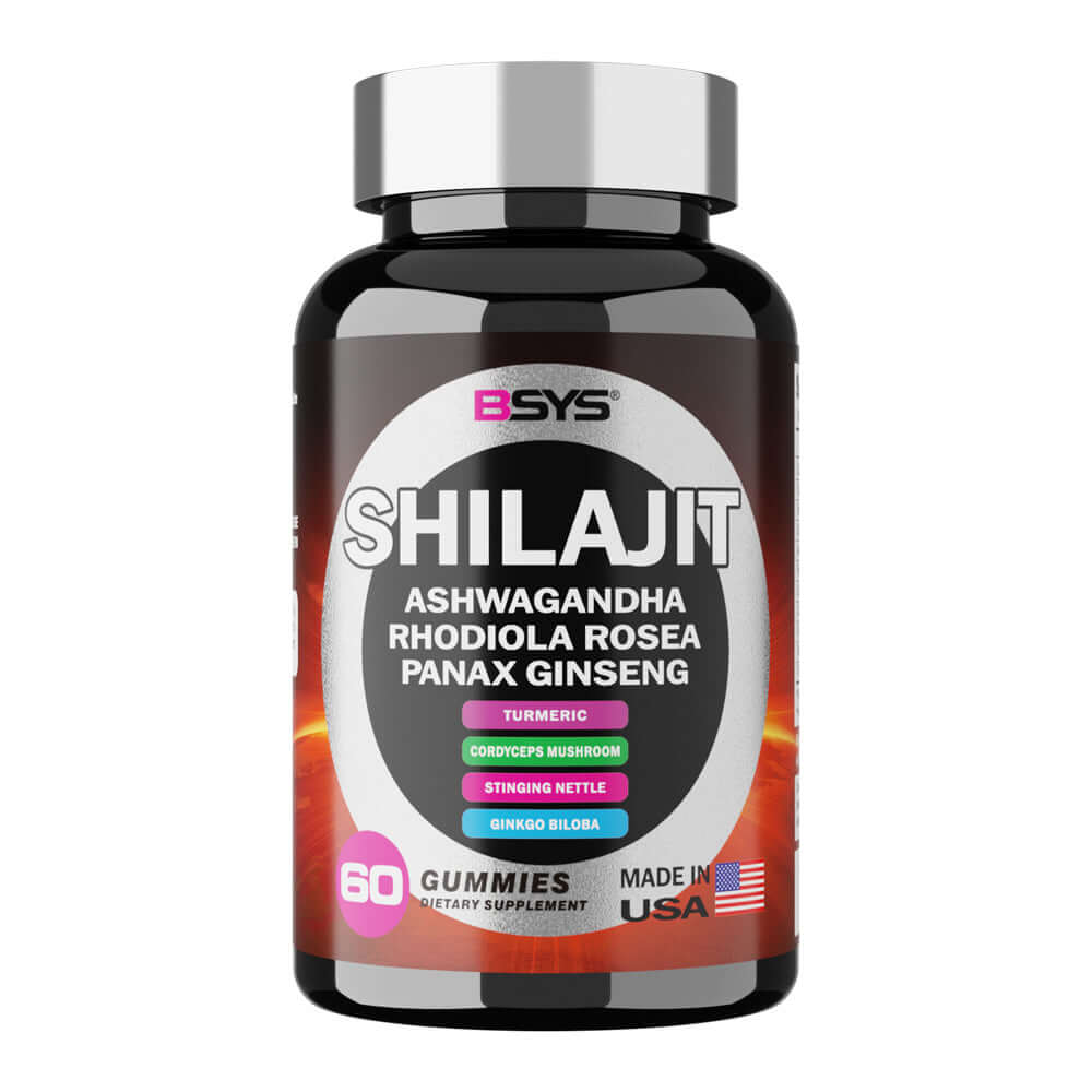 Shilajit Ashwagandha Gummies bottle featuring natural ingredients, 60 gummies, dietary supplement, made in USA.