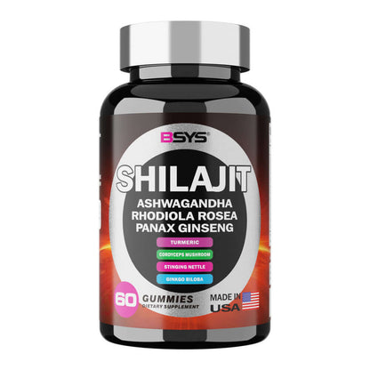 Shilajit Ashwagandha Gummies bottle featuring natural ingredients, 60 gummies, dietary supplement, made in USA.