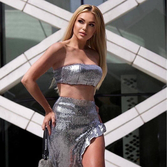 Elegant silver Sequin Bra and Skirt Set in solid color, perfect for street style. Available in sizes XS, S, M, L for any occasion.