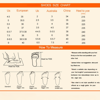 Shoe size chart with US, European, UK, Australian, Chinese sizes, and heel to toe measurements in millimeters. Instructions included.