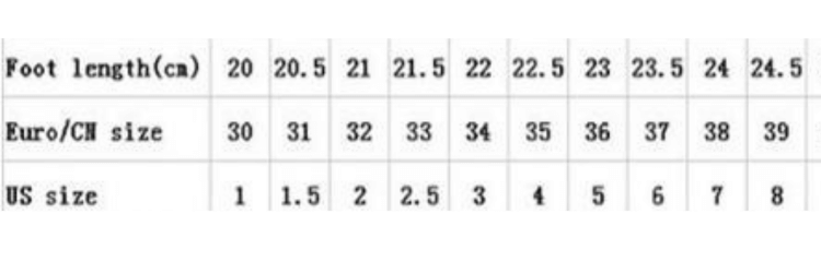 Shoe size conversion chart showing foot length in cm, Euro/CM sizes, and US sizes from 20cm/30/1 to 24.5cm/39/8.