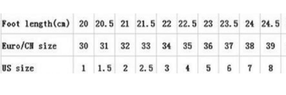 Shoe size conversion chart showing foot length in cm, Euro/CM sizes, and US sizes from 20cm/30/1 to 24.5cm/39/8.