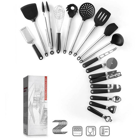 Silicone Spatula Spoon Set featuring various kitchen tools for versatile cooking and baking, elegantly arranged with packaging.