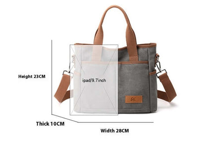 Gray Simple Tote Bag with brown handles, dimensions: 23cm height, 28cm width, 10cm thickness, fits 9.7-inch iPad easily.