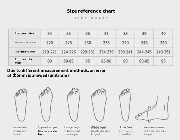 Size reference chart for European shoe sizes with foot length and width guidelines, including special instructions for different foot shapes.