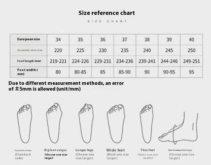 Size reference chart for European shoe sizes with foot length and width guidelines, including special instructions for different foot shapes.