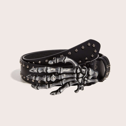 Skeleton Hands Belt featuring a detailed skeleton hand buckle and studded design, ideal for edgy fashion styles.
