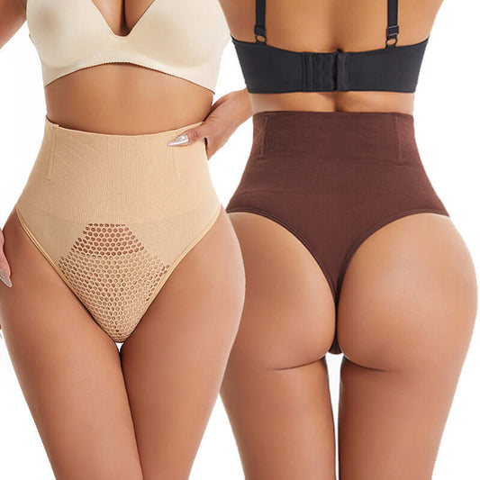 Slim Body Shaper in light brown and brown, showcasing high-waisted design and breathable nylon fabric for comfort and lumbar support.
