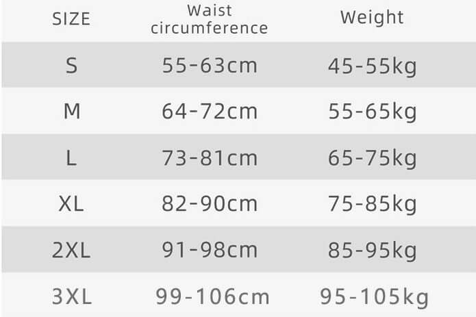 Size chart for Slim Body Shaper, showing waist and weight measurements for sizes S to 3XL.