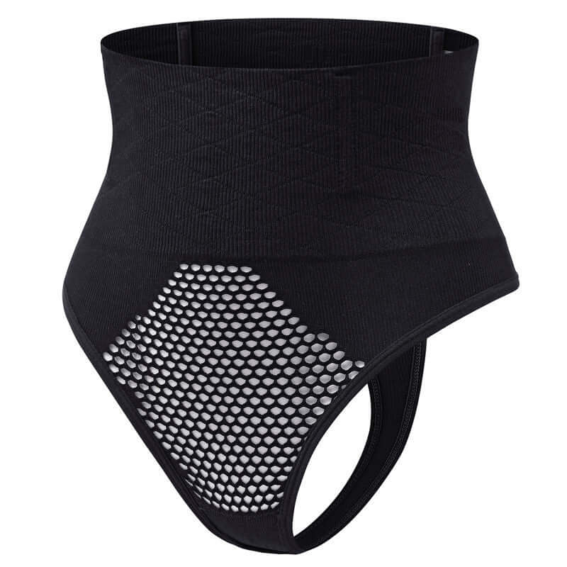 Black nylon slim body shaper with breathable mesh design for comfort and lumbar support, available in multiple sizes.