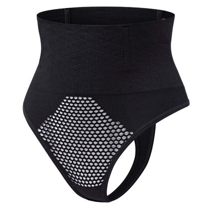 Black nylon slim body shaper with breathable mesh design for comfort and lumbar support, available in multiple sizes.