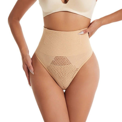 Slim Body Shaper in light brown, showcasing breathable nylon fabric and high waist design for comfort and lumbar support.