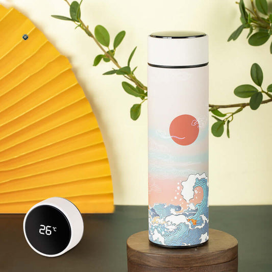 Stylish Asian Style Smart Touch Display Water Bottle with Temperature Control on a table, next to a digital thermos display.