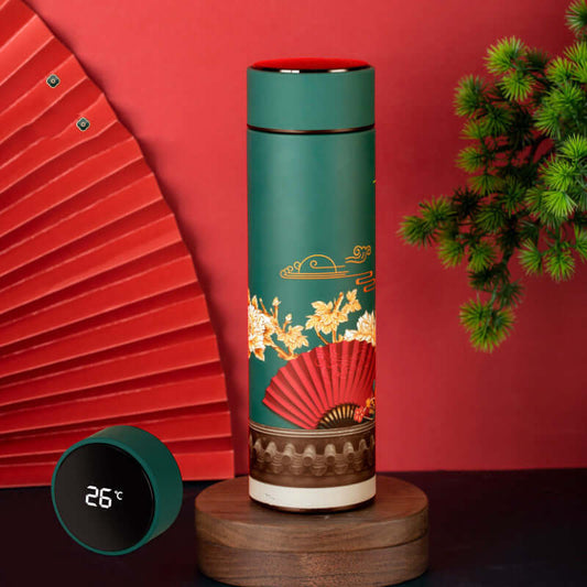 Smart Touch Display Water Bottle Asian Style with temperature control, featuring an elegant design against a red backdrop.