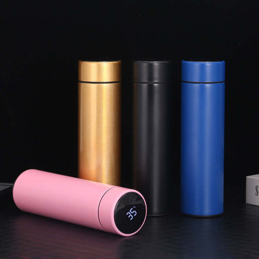 Smart Touch Display Water Bottle in pink, gold, black, and blue with temperature display, ideal for advanced hydration.