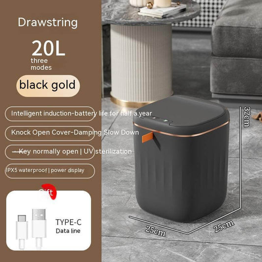 Smart Trash Can in stylish black gold design, featuring a 20L capacity and intelligent induction technology.