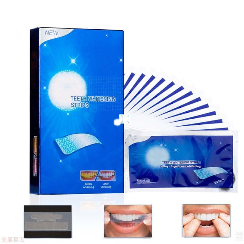Teeth Whitening Sticks packaging with 28 pieces, showcasing safe 0.1% hydrogen peroxide formula for brighter smile enhancement.
