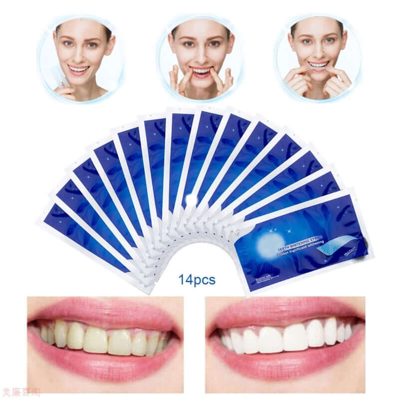 Teeth Whitening Sticks pack of 14 shown with smiling individuals and before-and-after teeth whitening results.