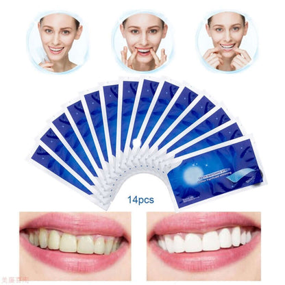 Teeth Whitening Sticks pack of 14 shown with smiling individuals and before-and-after teeth whitening results.