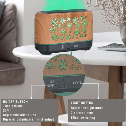 Snowflake Humidifier with adjustable mist output and light settings, showcasing its unique design and features on a table.