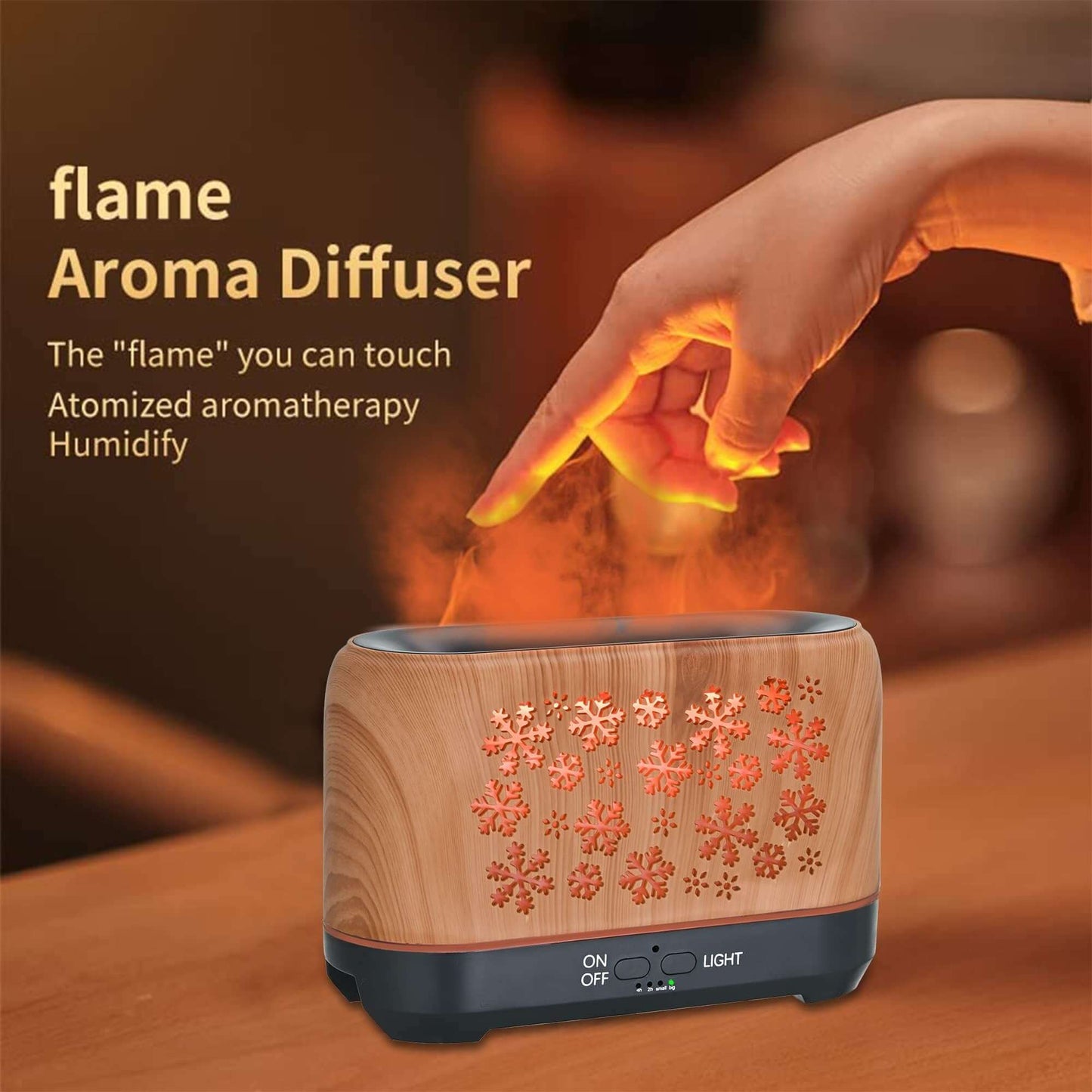 Snowflake Humidifier with flame effect, enhancing indoor air quality and ambiance, perfect for any home.