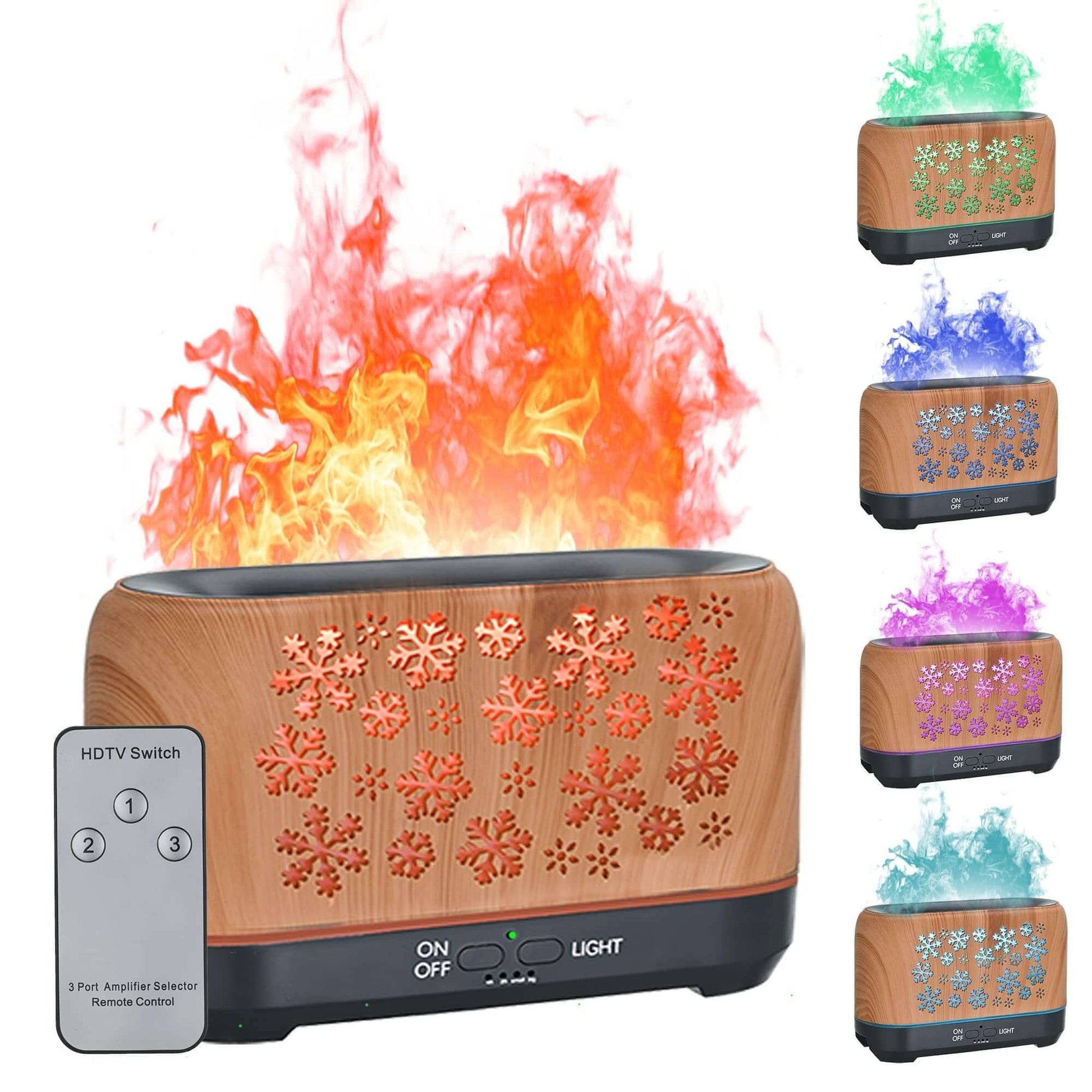 Snowflake Humidifier with colorful flame effect and remote control, enhancing home ambiance and comfort.
