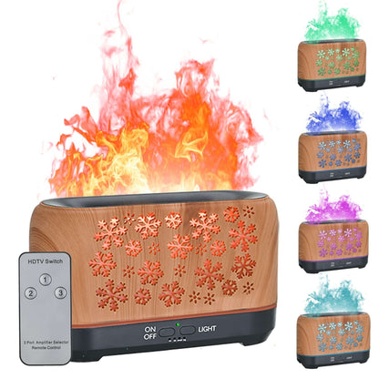 Snowflake Humidifier with colorful flame effect and remote control, enhancing home ambiance and comfort.