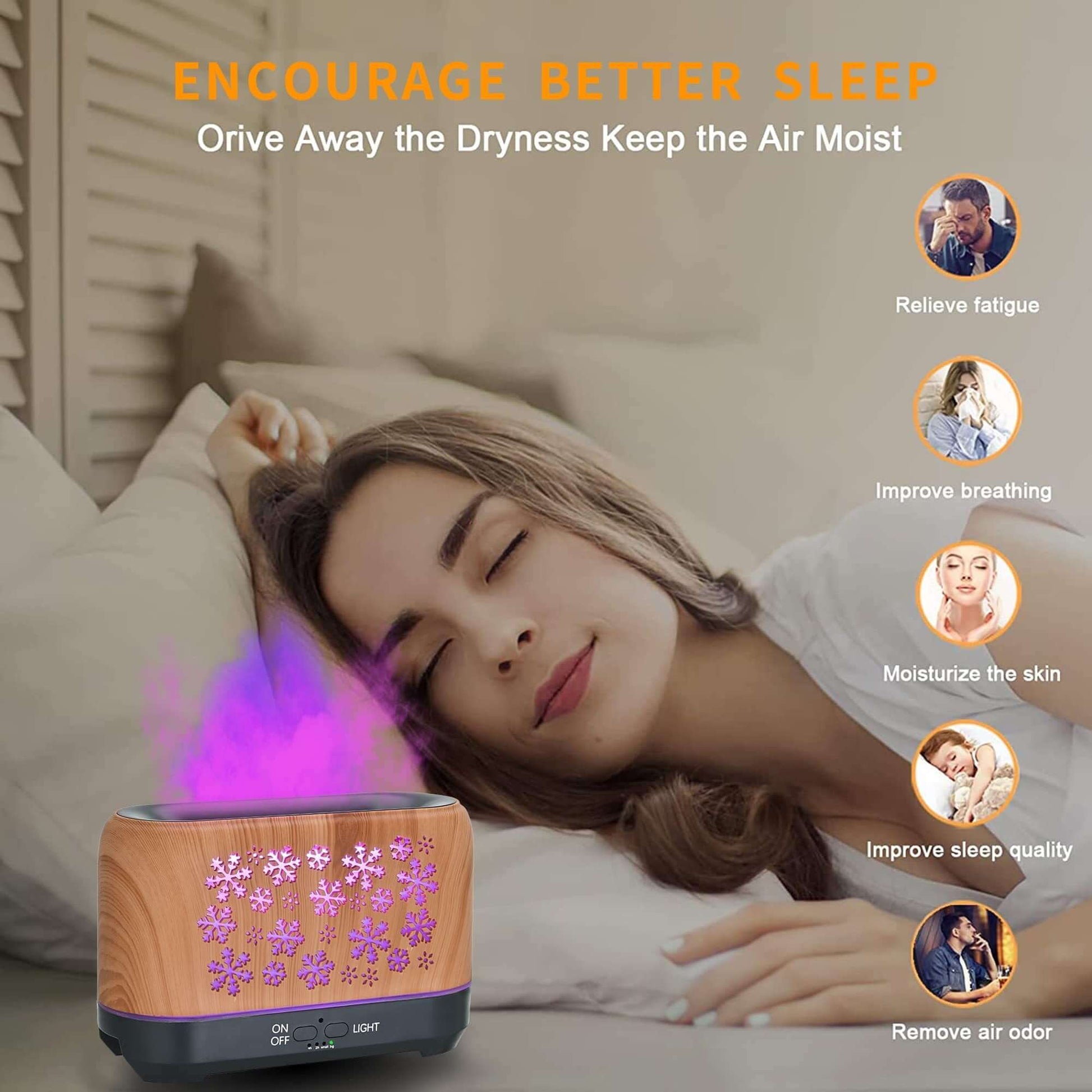Snowflake Humidifier creating a calming atmosphere for better sleep with purple mist and floral design.